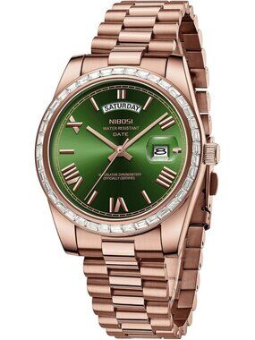 Nibosi Men's Rose Green Analog Quartz Diamond Bezel Stainless Waterproof Watch